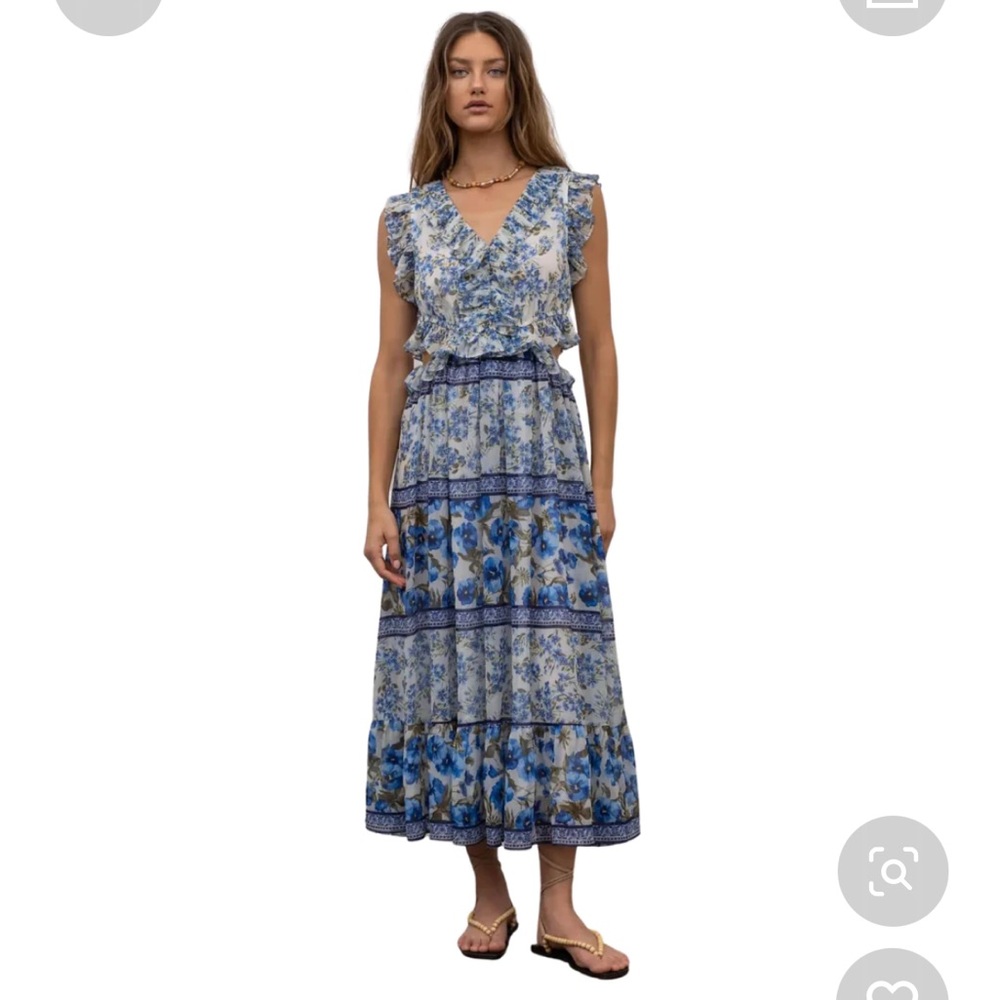 Moon River For The Avenue Sleeveless Tiered Ruffle Midi Dress, Blue Multi